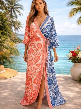 Farm Rio Wrap Maxi Dress XL Red Blue Floral Boho Resort Vacation Statement